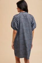 Load image into Gallery viewer, AnnieWear Striped Corduroy Bubble Sleeve Mini Dress in Navy Combo
