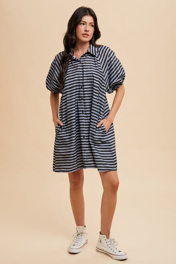 AnnieWear Striped Corduroy Bubble Sleeve Mini Dress in Navy Combo