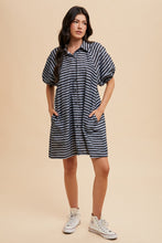 Load image into Gallery viewer, AnnieWear Striped Corduroy Bubble Sleeve Mini Dress in Navy Combo
