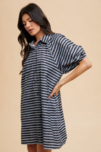 Load image into Gallery viewer, AnnieWear Striped Corduroy Bubble Sleeve Mini Dress in Navy Combo
