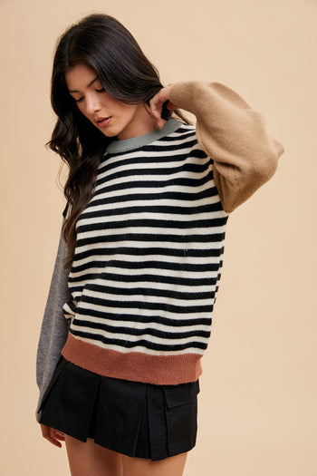 AnnieWear Striped Knit Sweater with Color Block Sleeves in Ivory/Black