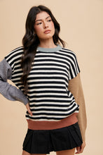 Load image into Gallery viewer, AnnieWear Striped Knit Sweater with Color Block Sleeves in Ivory/Black
