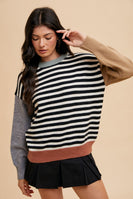 AnnieWear Striped Knit Sweater with Color Block Sleeves in Ivory/Black