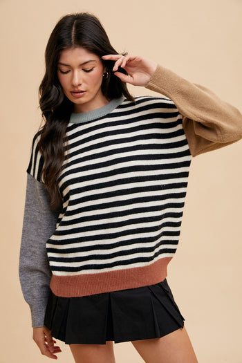 AnnieWear Striped Knit Sweater with Color Block Sleeves in Ivory/Black