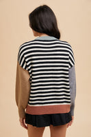 AnnieWear Striped Knit Sweater with Color Block Sleeves in Ivory/Black