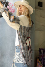 Load image into Gallery viewer, POL OVERSIZED Plaid Top with Peace Sign Patches in Blue Mist Multi ON ORDER
