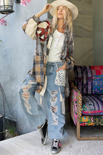 Load image into Gallery viewer, POL OVERSIZED Plaid Top with Peace Sign Patches in Blue Mist Multi ON ORDER
