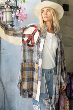 Load image into Gallery viewer, POL OVERSIZED Plaid Top with Peace Sign Patches in Blue Mist Multi ON ORDER
