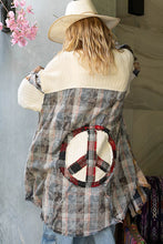 Load image into Gallery viewer, POL OVERSIZED Plaid Top with Peace Sign Patches in Blue Mist Multi ON ORDER
