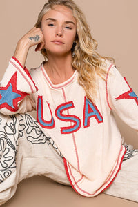 POL USA and Star Patched Lightweight Top in Powder Almond ON ORDER