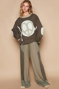 POL Thermal Knit Top with Heart Peace Sign Patch on Front in Olive