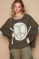 POL Thermal Knit Top with Heart Peace Sign Patch on Front in Olive