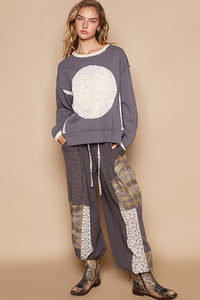 POL Thermal Knit Top with Heart Peace Sign Patch on Front in Charcoal