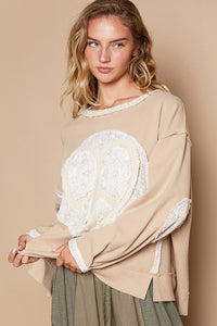 POL Thermal Knit Top with Heart Peace Sign Patch on Front in Beige