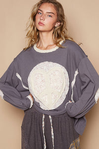 POL Thermal Knit Top with Heart Peace Sign Patch on Front in Charcoal