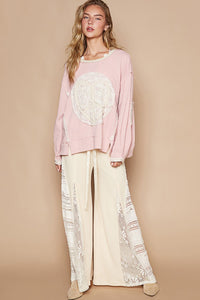 POL Thermal Knit Top with Heart Peace Sign Patch on Front in Strawberry Milk