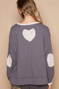 POL Thermal Knit Top with Heart Peace Sign Patch on Front in Charcoal