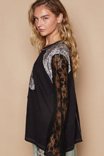 Load image into Gallery viewer, POL Thermal Knit Top with Lace Sleeves and Flower Patch Front in Black
