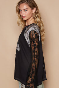 POL Thermal Knit Top with Lace Sleeves and Flower Patch Front in Black