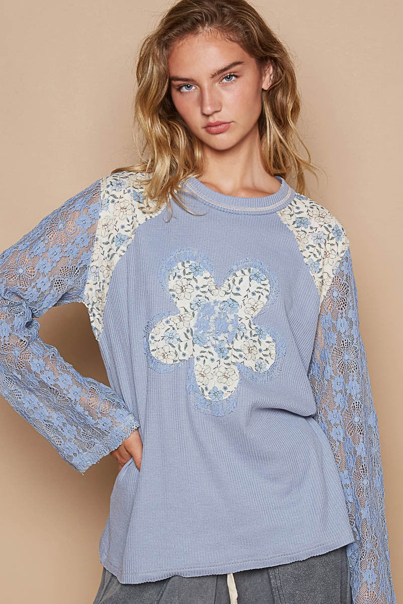 POL Thermal Knit Top with Lace Sleeves and Flower Patch Front in