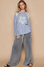 Load image into Gallery viewer, POL Thermal Knit Top with Lace Sleeves and Flower Patch Front in Cornflower Blue
