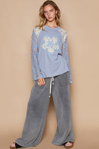 POL Thermal Knit Top with Lace Sleeves and Flower Patch Front in Cornflower Blue