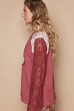 Load image into Gallery viewer, POL Thermal Knit Top with Lace Sleeves and Flower Patch Front in Blood Red
