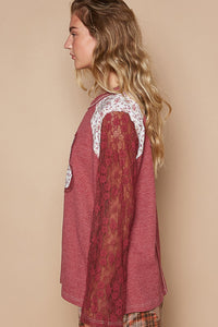 POL Thermal Knit Top with Lace Sleeves and Flower Patch Front in Blood Red