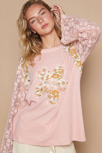 Load image into Gallery viewer, POL Thermal Knit Top with Lace Sleeves and Flower Patch Front in Dusty Pink
