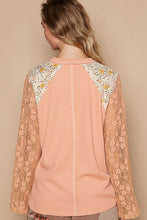 Load image into Gallery viewer, POL Thermal Knit Top with Lace Sleeves and Flower Patch Front in Pale Orange
