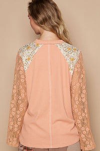 POL Thermal Knit Top with Lace Sleeves and Flower Patch Front in Pale Orange