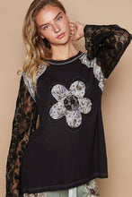 Load image into Gallery viewer, POL Thermal Knit Top with Lace Sleeves and Flower Patch Front in Black
