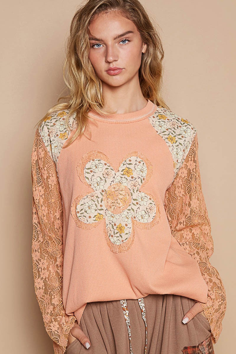 POL Thermal Knit Top with Lace Sleeves and Flower Patch Front in Pale Orange