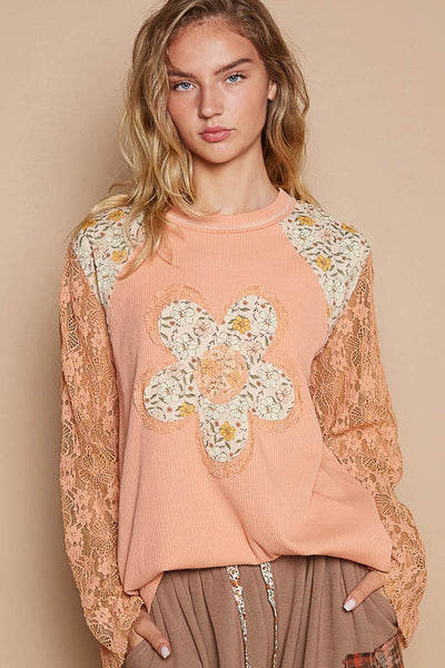 POL Thermal Knit Top with Lace Sleeves and Flower Patch Front in