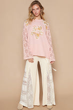 Load image into Gallery viewer, POL Thermal Knit Top with Lace Sleeves and Flower Patch Front in Dusty Pink
