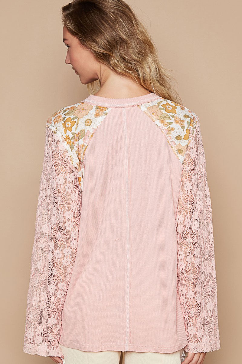 POL Thermal Knit Top with Lace Sleeves and Flower Patch Front in