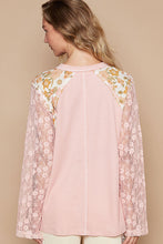 Load image into Gallery viewer, POL Thermal Knit Top with Lace Sleeves and Flower Patch Front in Dusty Pink
