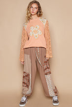 Load image into Gallery viewer, POL Thermal Knit Top with Lace Sleeves and Flower Patch Front in Pale Orange
