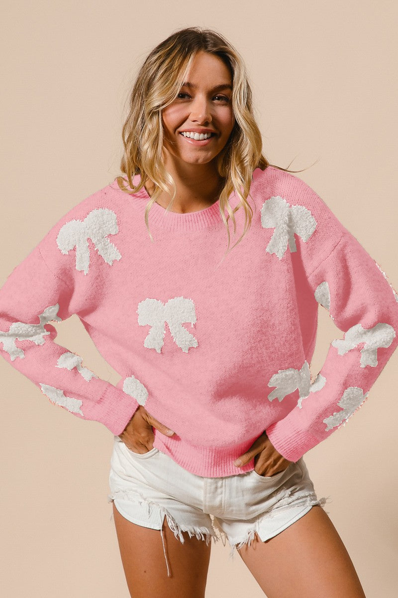 BiBi Ribbon Bow Pattern Sweater in Pink/Ivory