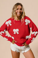BiBi Ribbon Bow Pattern Sweater in Red/Ivory