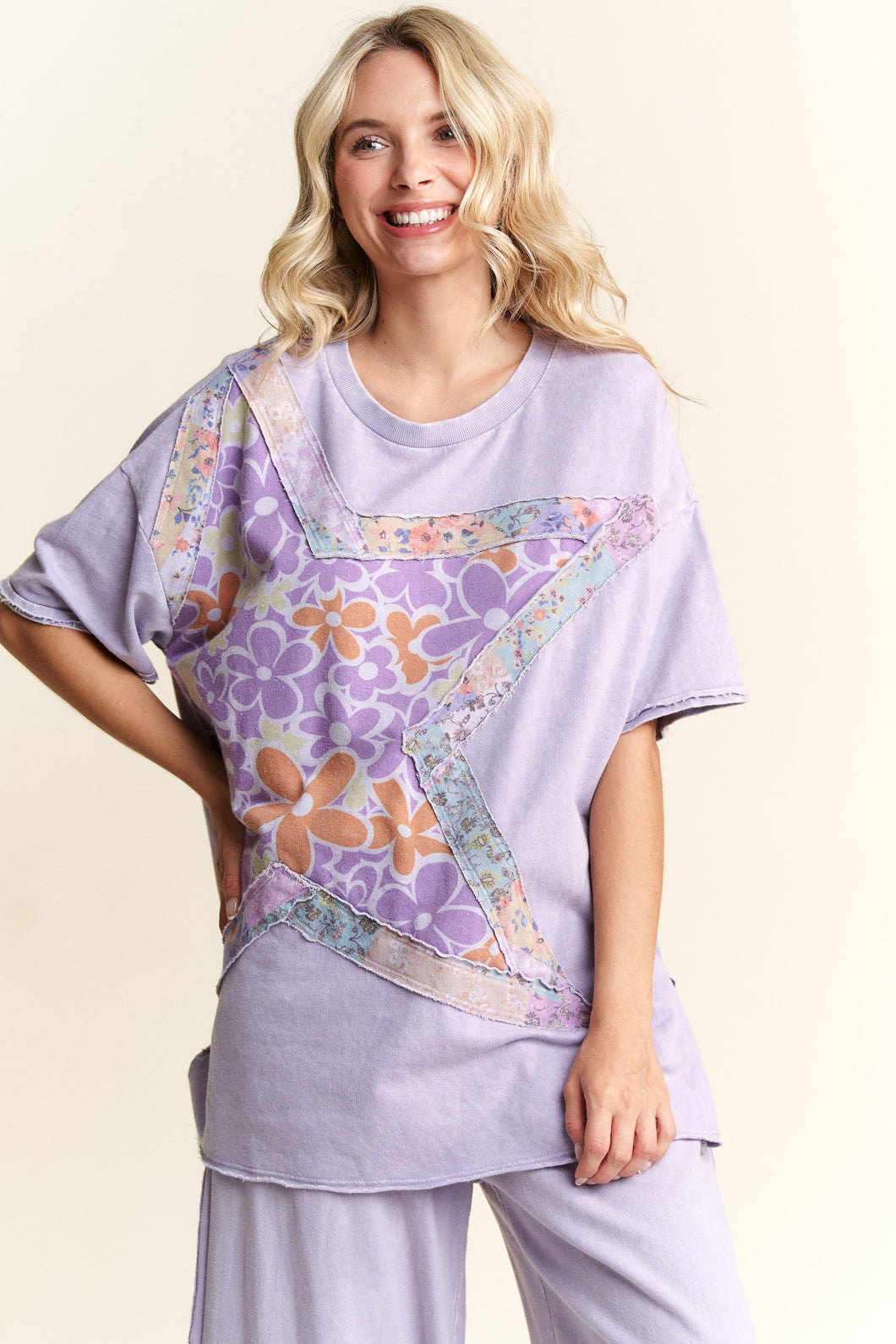 J.Her Big Star Mixed Floral Patch Top in Vintage Lavender