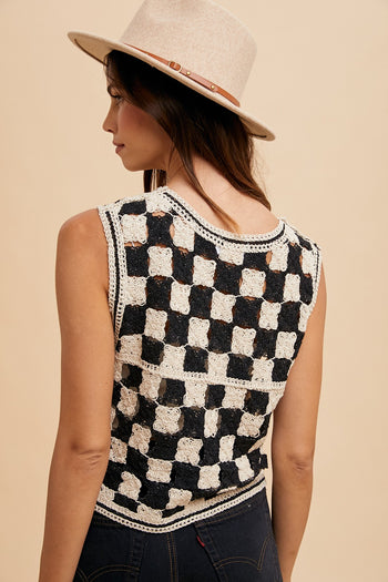 AnnieWear Crochet Checker Board Vest in Black Combo