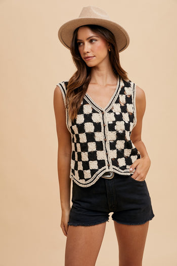 AnnieWear Crochet Checker Board Vest in Black Combo