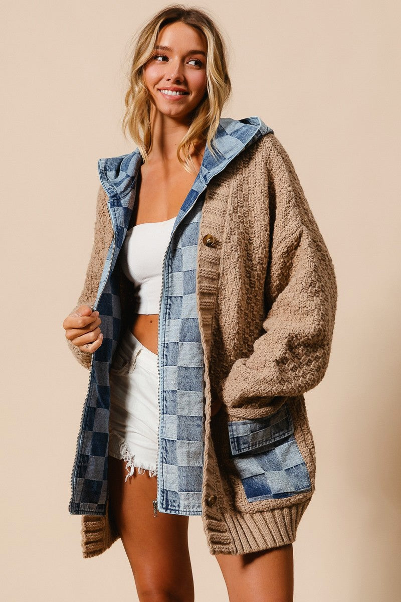 BiBi Cable Knit and Checkered Denim Zip Up Cardigan in Latte/Denim