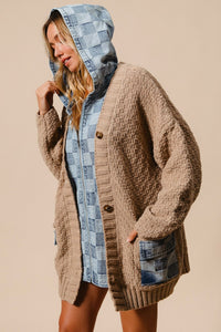 BiBi Cable Knit and Checkered Denim Zip Up Cardigan in Latte/Denim