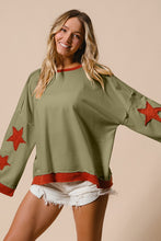 Load image into Gallery viewer, BiBi French Terry Top with Star Patched Sleeves in Olive
