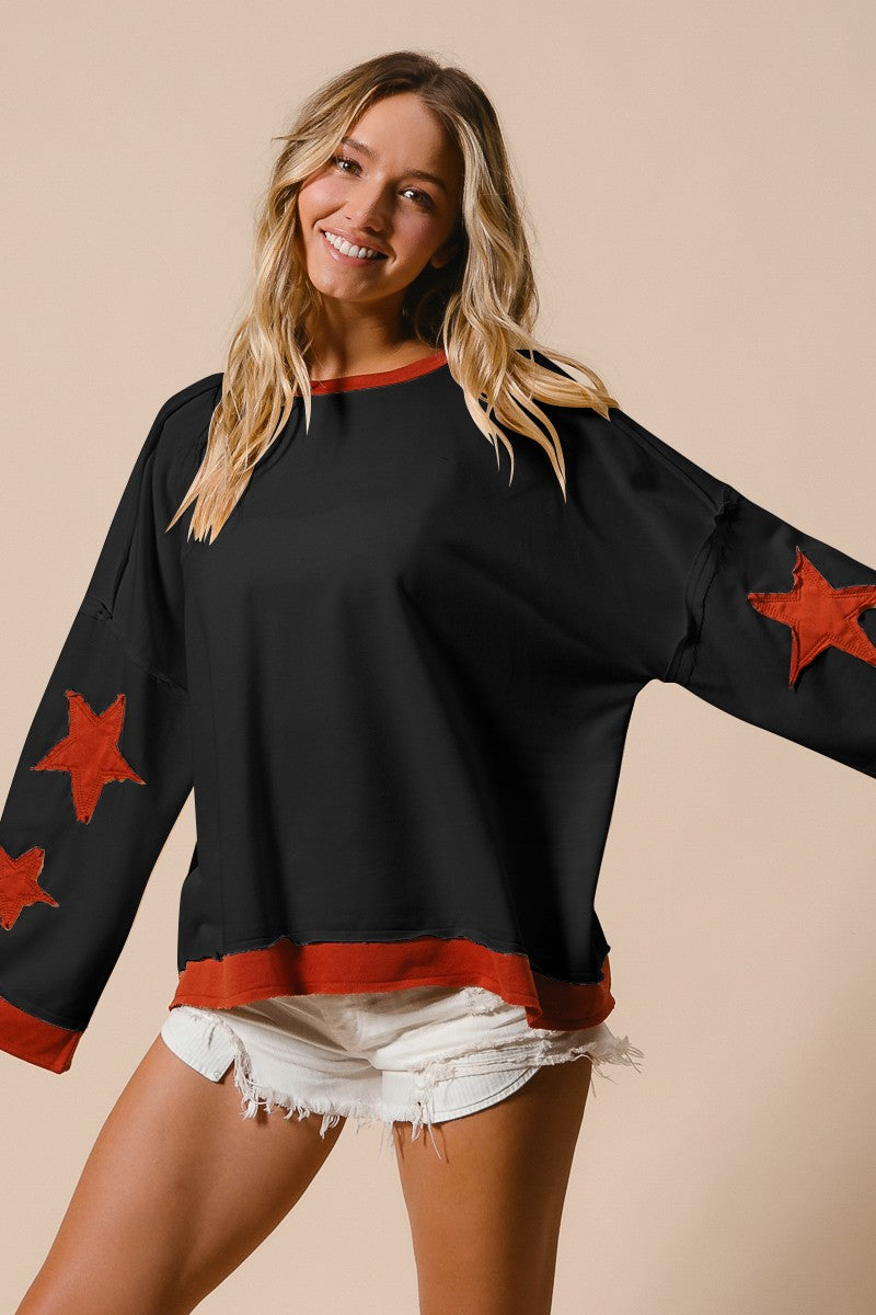 BiBi French Terry Top with Star Patched Sleeves in Black