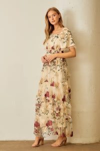 Polgram Floral Print Tulle Maxi Dress in Cream Multi ON ORDER