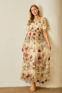 Polgram Floral Print Tulle Maxi Dress in Cream Multi ON ORDER