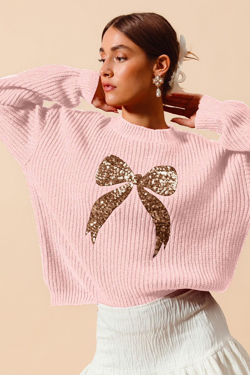 So Me Christmas Holiday Sequin Ribbon Sweater in Blush/Gold